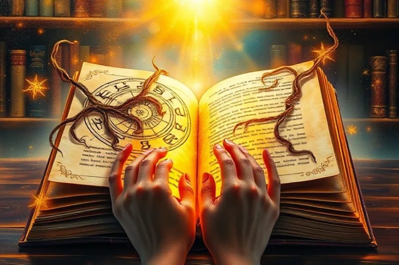 Libro antiguo con símbolos luminosos y silueta humana etérea