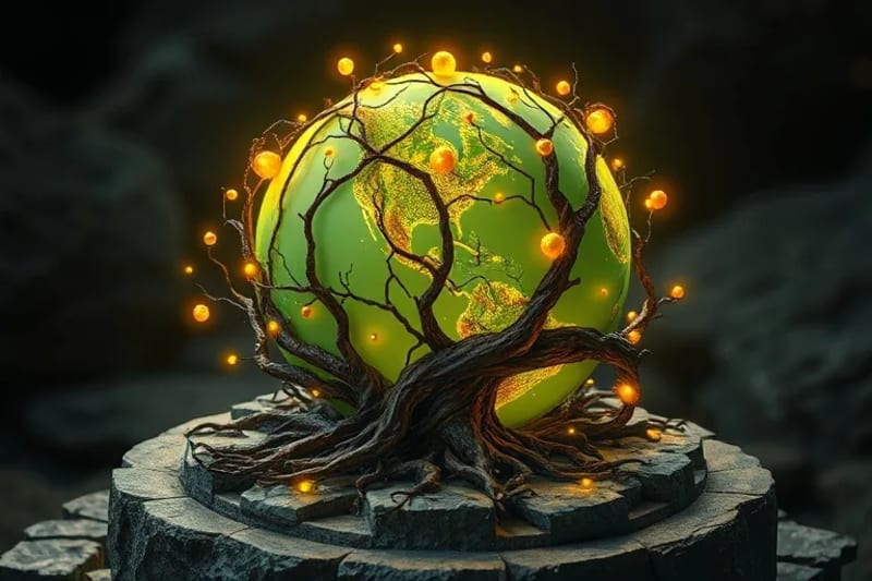 Globo terráqueo con raíces y ramas entrelazadas, orbes de luz