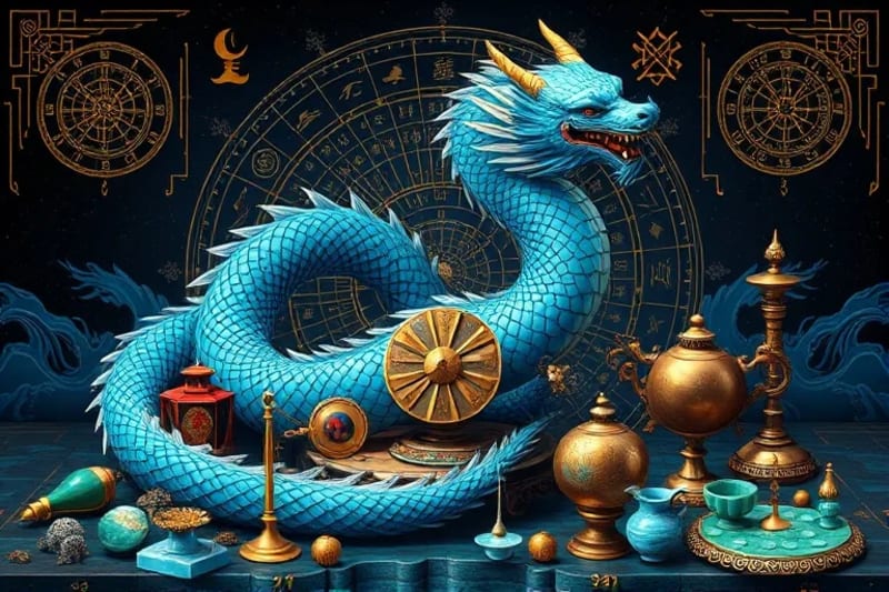 Stylized blue dragon coiling around ancient jade artifacts, representing the Azure Dragon Palace
