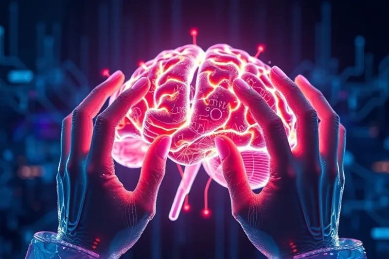 Manos etéreas ajustando un cerebro de circuitos, simbolizando la supervisión humana de la IA