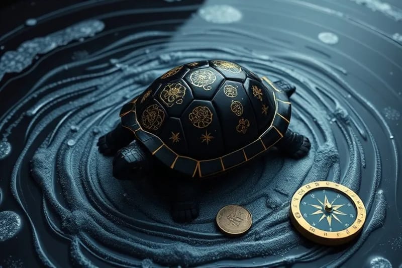 Obsidian tortoise shell with gold celestial patterns, symbolizing the Black Tortoise Palace