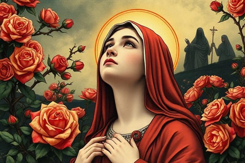 Santa Rita de Casia rodeada de rosas y espinas, con figuras transparentes de personas en crisis