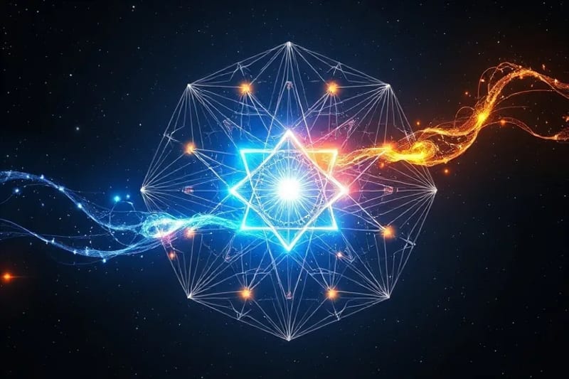Hilos de luz entrelazados que simbolizan la conexión cuántica