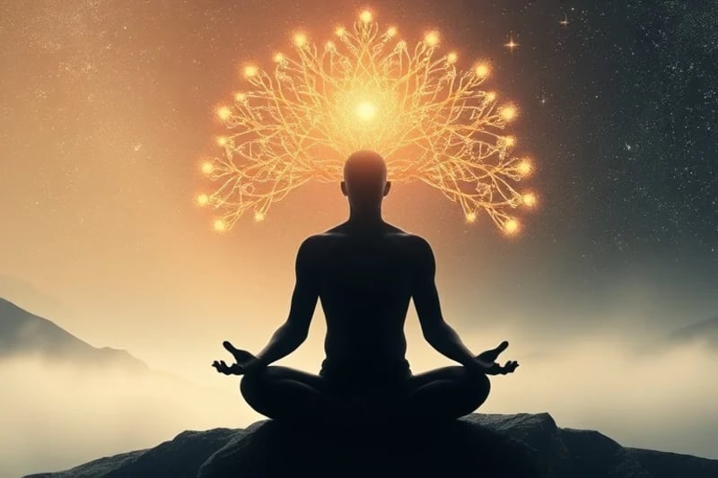 3D render of a meditating person with the Tree of Life overlaid on their aura