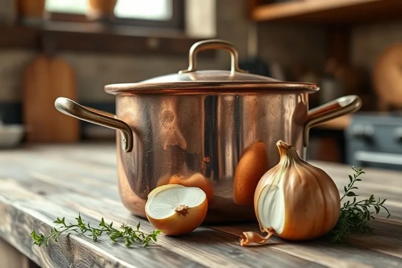 Primer plano de una olla de cobre usada sobre una tabla de cortar de madera rústica, con una cebolla a medio pelar y una ramita de tomillo, iluminada por luz natural de una ventana de cocina.