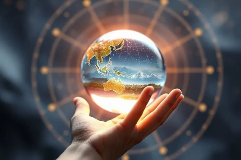 Mano extendida hacia una esfera que refleja múltiples realidades, simbolizando la intención