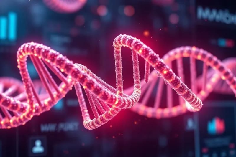 Abstract digital painting of glowing, intertwining DNA helices with superimposed digital health metrics.