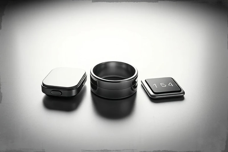 3D render of sleek, minimalist wearable devices like a smartwatch, smart ring, and CGM patch, surrounded by abstract data streams.