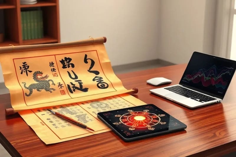 Antiguos pergaminos chinos y herramientas de caligrafía junto a una tablet moderna con visualizaciones de datos