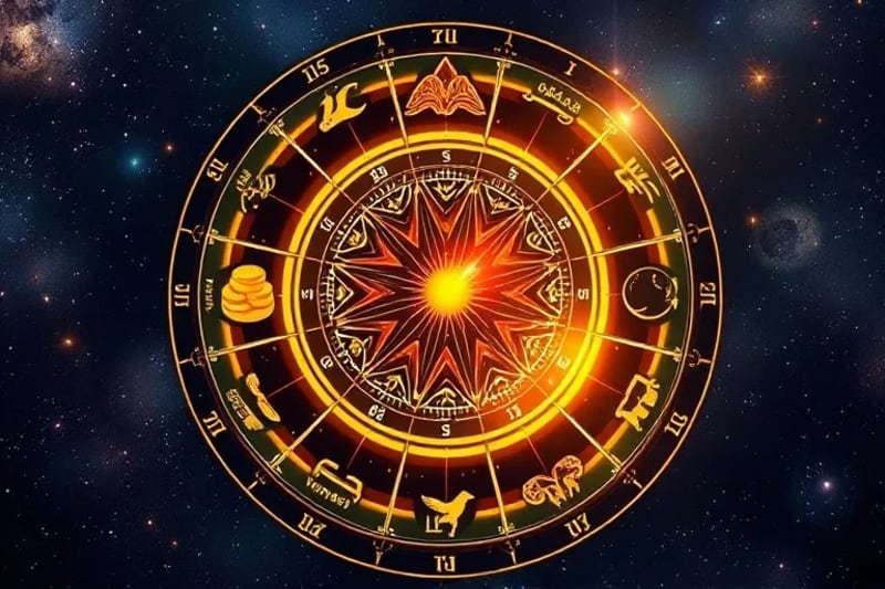 Stylized calendar wheel with zodiac houses and highlighted year