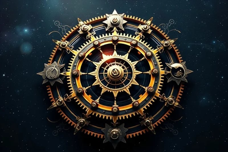Cosmic clockwork mechanism with planetary gears and zodiac signs