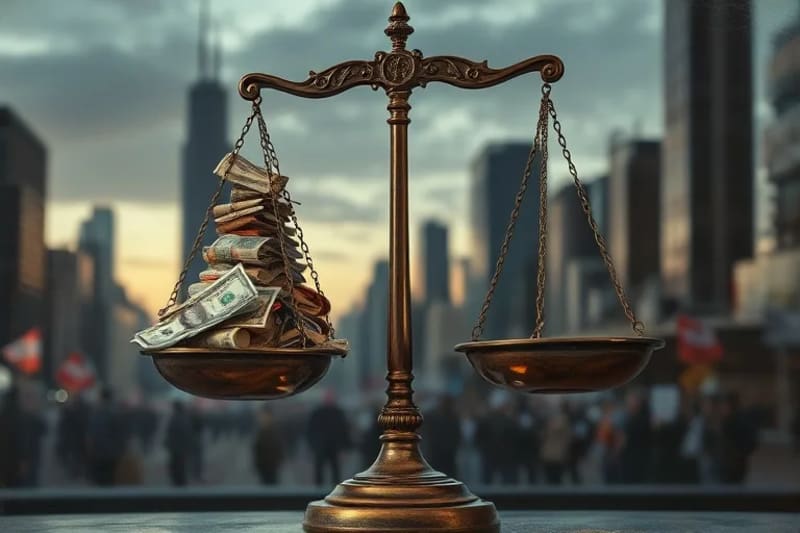 Balanza de la justicia desequilibrada sobre un fondo de ciudad moderna