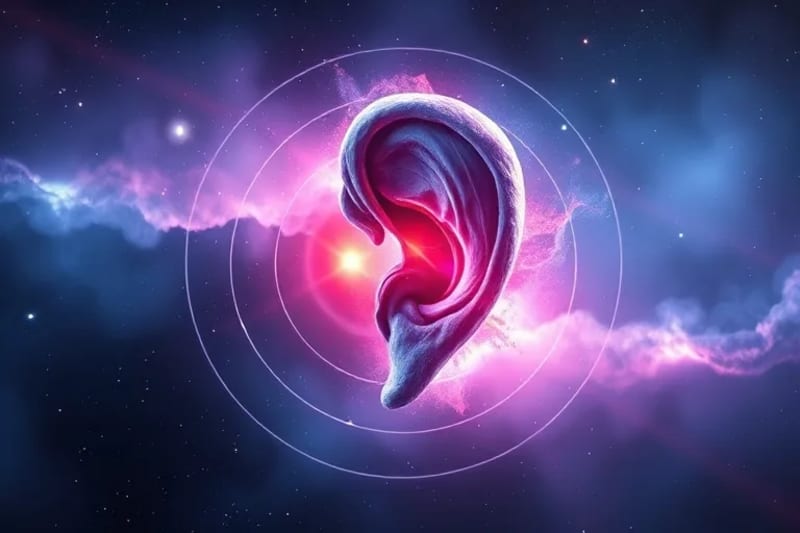 Representación artística de la conexión entre el cosmos y la audición humana, con nebulosas y ondas sonoras planetarias.