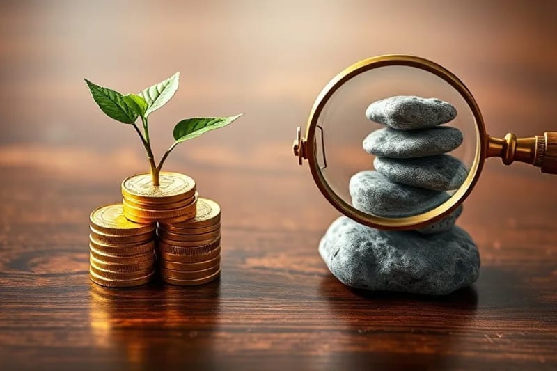 Conceptual still-life showing a plant growing from coins balanced against precarious stones, symbolizing investment opportunities and risks.
