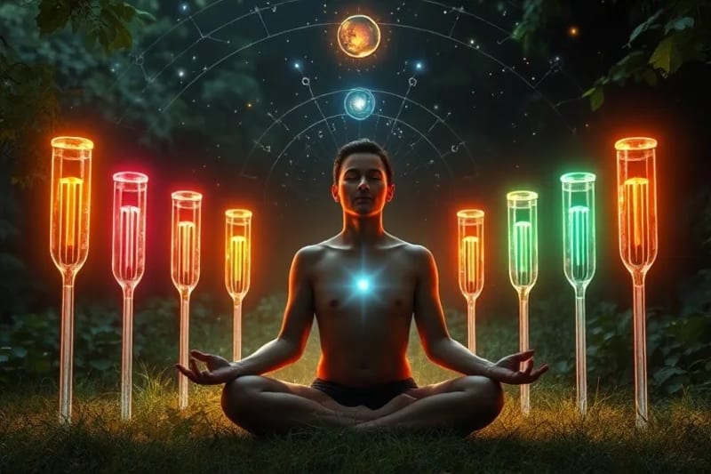 Una persona meditando rodeada de diapasones que emiten luz de colores, simbolizando la armonización de frecuencias planetarias.