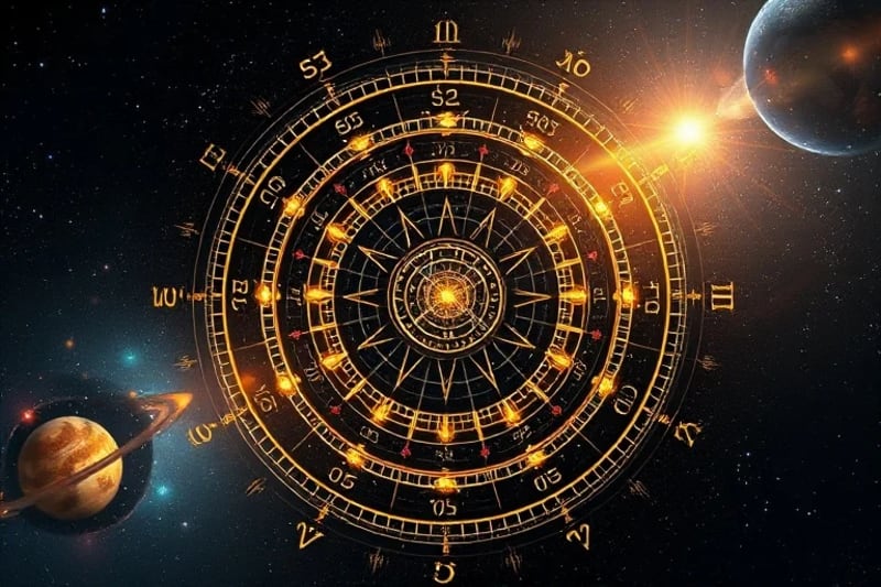 Stylized abstract natal chart with glowing energy points and subtle, shimmering NLP patterns overlaid, symbolizing active reprogramming and transformation.