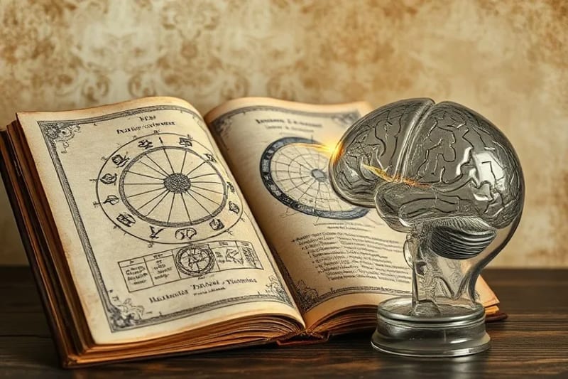 Conceptual still-life of an antique open book with astrological symbols and a modern glass brain model, connected by a glowing thread, symbolizing the direct influence and rewiring of cosmic knowledge into neural pathways.