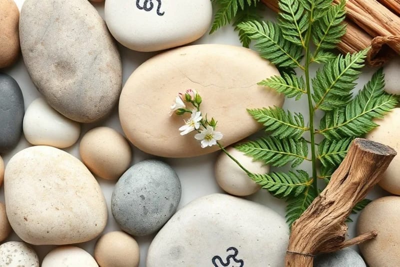 Artful arrangement of river stones, fern fronds, and driftwood, symbolizing grounding