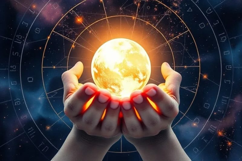 Manos sosteniendo un orbe de cristal con símbolos astrológicos, ritual de manifestación