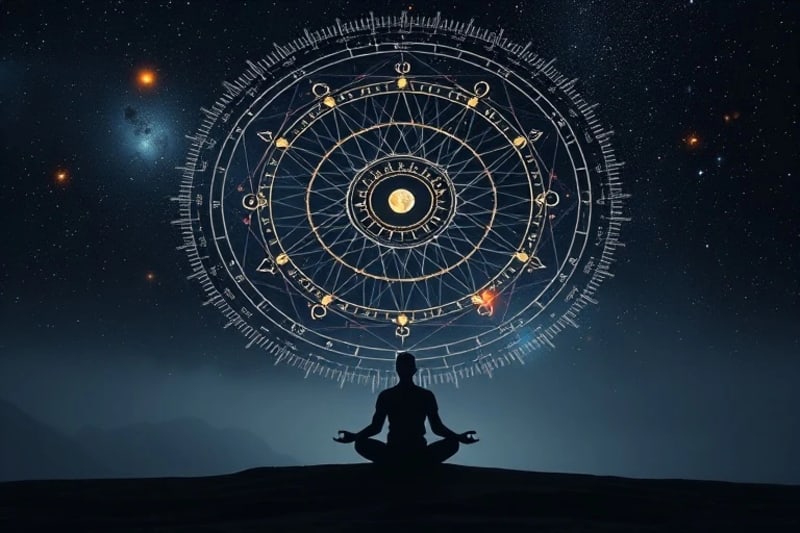 Figura meditando bajo mapa astral, simbolizando autodescubrimiento y destino
