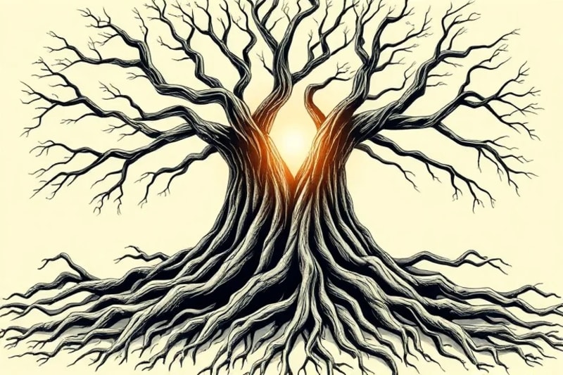 Abstract 3D render of intertwining ancient tree roots with ethereal light, symbolizing healing