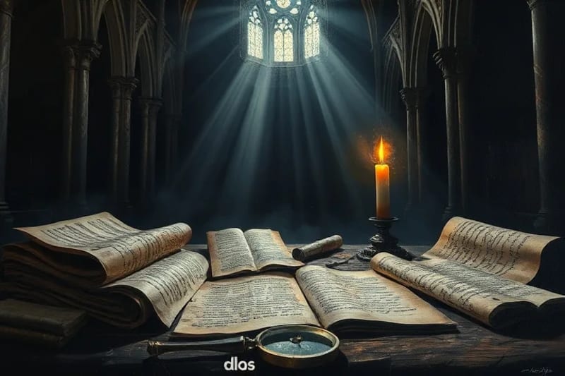 Manuscritos antiguos con símbolos crípticos y luz tenue