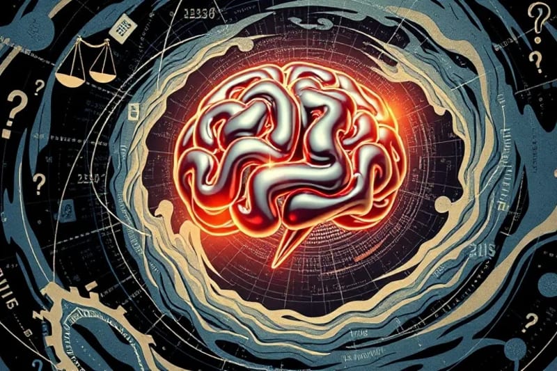 Estructura cerebral abstracta con símbolos éticos