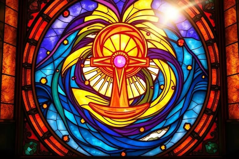 Ankh symbol glowing with healing energy and herbs