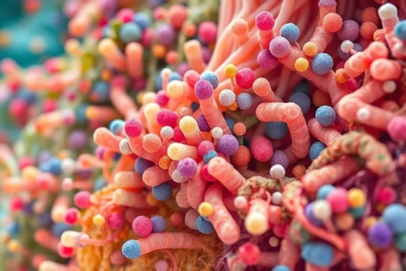 Vibrant watercolor of diverse gut bacteria