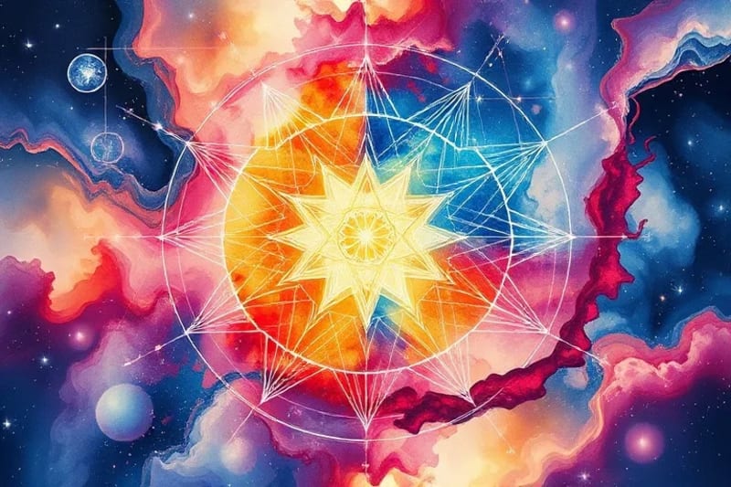 Abstract watercolor depicting internal mental landscape with astrological glyphs