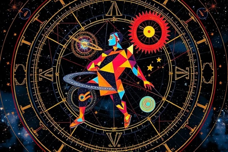 Neo-Cubist digital art of fragmented human figure interacting with celestial clockwork