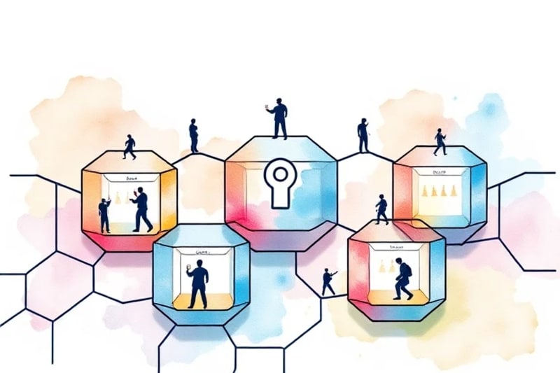 Ilustración vectorial de bloques hexagonales interconectados representando una cadena de bloques, con figuras humanas estilizadas interactuando con claves digitales y flujos de datos