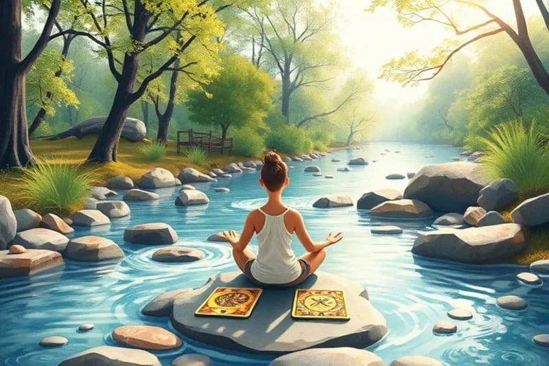 Person meditating by a river with geomantic symbols and tarot cards