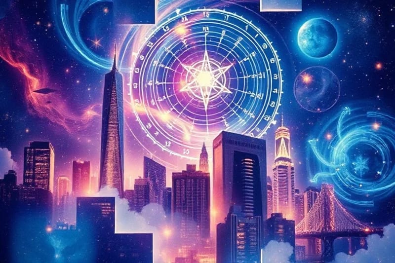 Arte abstracto de energías cósmicas y arquitectura urbana