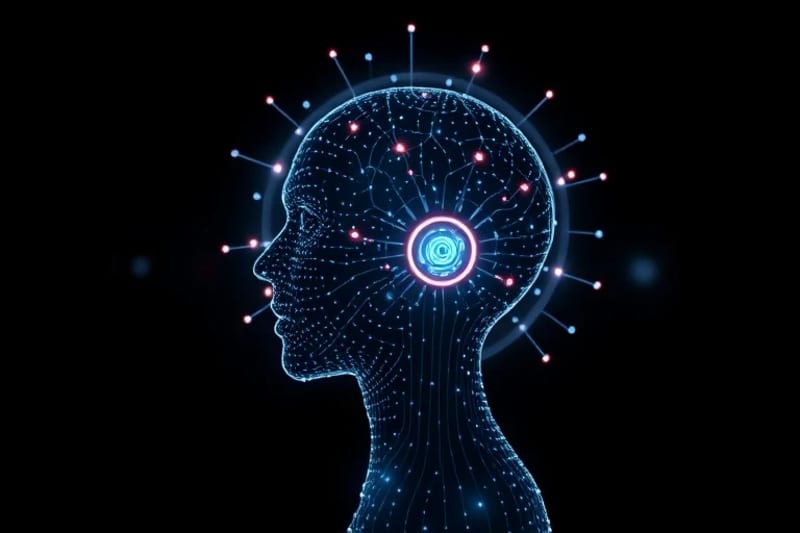 Silueta humana abstracta hecha de datos fragmentados con un escudo protector brillante y vías neuronales de IA alrededor de la cabeza, simbolizando la protección de la privacidad