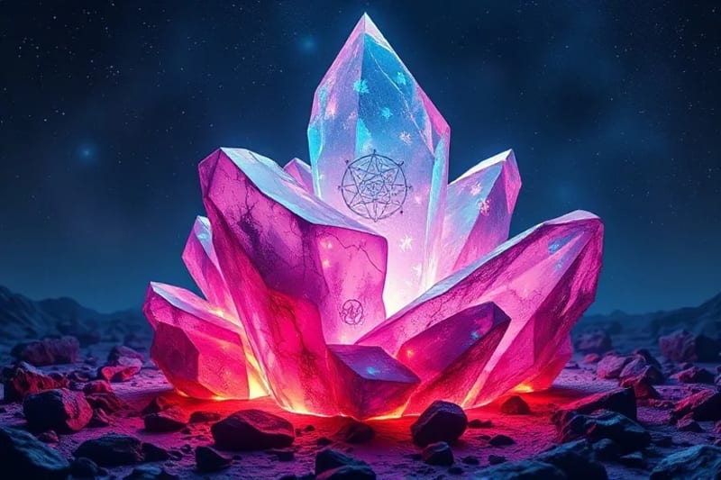 Crystalline structure with holographic tarot and geomantic patterns