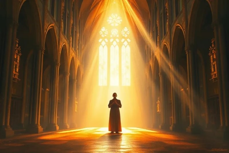 Pintura impresionista de una figura en profunda oración, rodeada de patrones abstractos de luz y color que evocan una conexión espiritual.