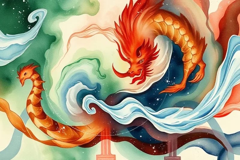 Pintura abstracta de elementos alquímicos en transformación