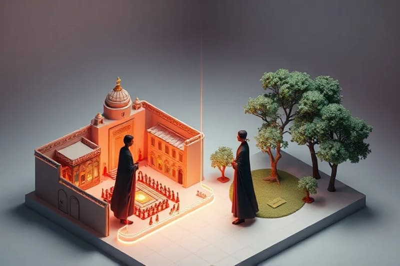 Arte vectorial de dos siluetas conectadas en diferentes paisajes