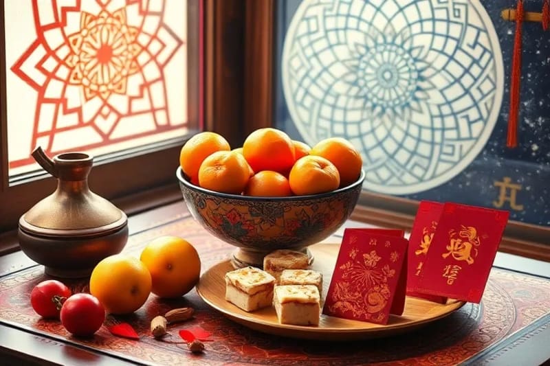 Still life of traditional Chinese New Year offerings: tangerines, nian gao, and red envelopes.