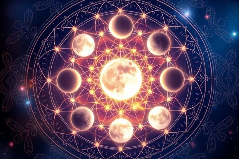 Abstract 3D render illustrating the lunar cycle with interconnected spheres and traditional Chinese patterns.
