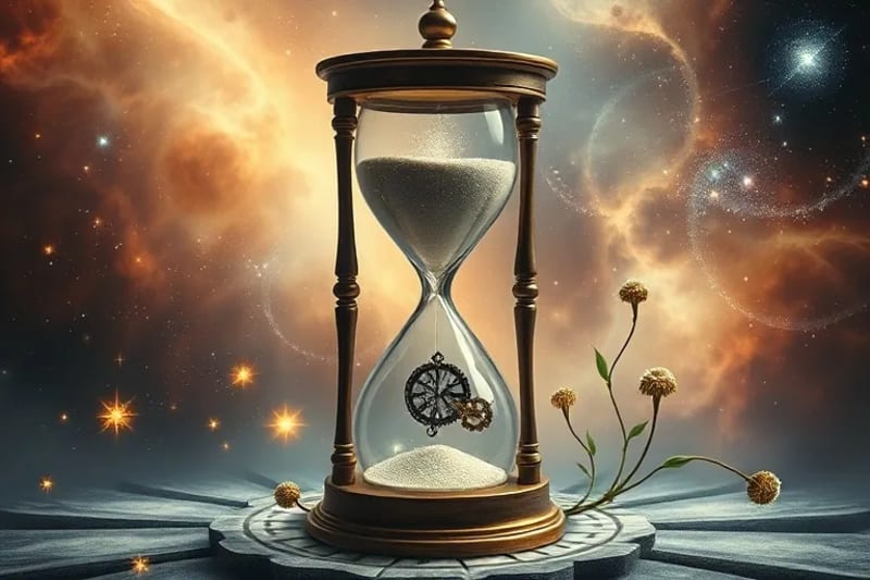 Reloj de arena con polvo de estrellas y engranajes celestiales