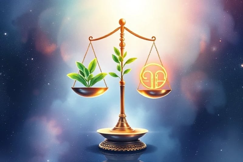 A watercolor painting of a delicate balance scale, with one side holding a vibrant plant and the other an astrological symbol, representing health and equilibrium.