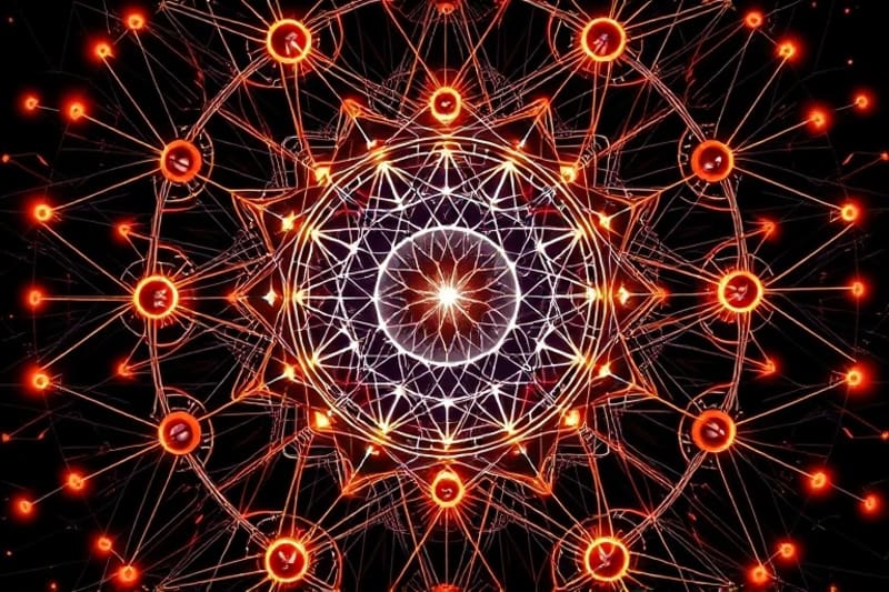 A 3D render of an intricate, glowing network resembling neural pathways and celestial orbits, converging on a luminous core, symbolizing the integration of cosmic influences within the human system.