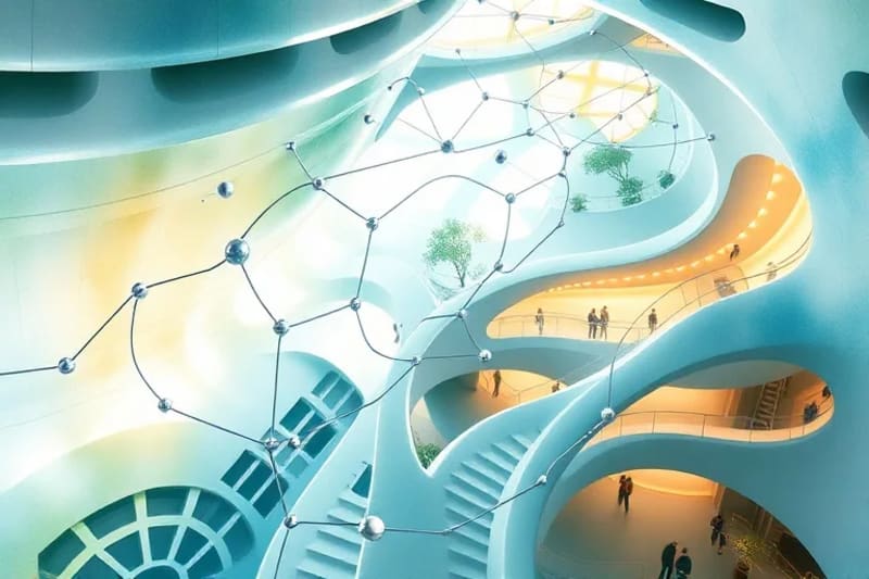 Representación abstracta de conexiones neuronales y diseño arquitectónico en acuarela.