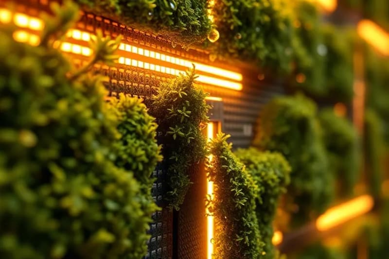 Detalle de pared con paneles de musgo vivo y luz inteligente en un entorno 3D renderizado.