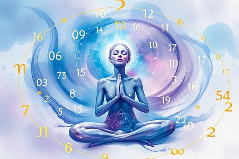 Meditative figure surrounded by numbers