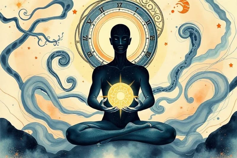 Silueta meditando, energías cósmicas, introspección