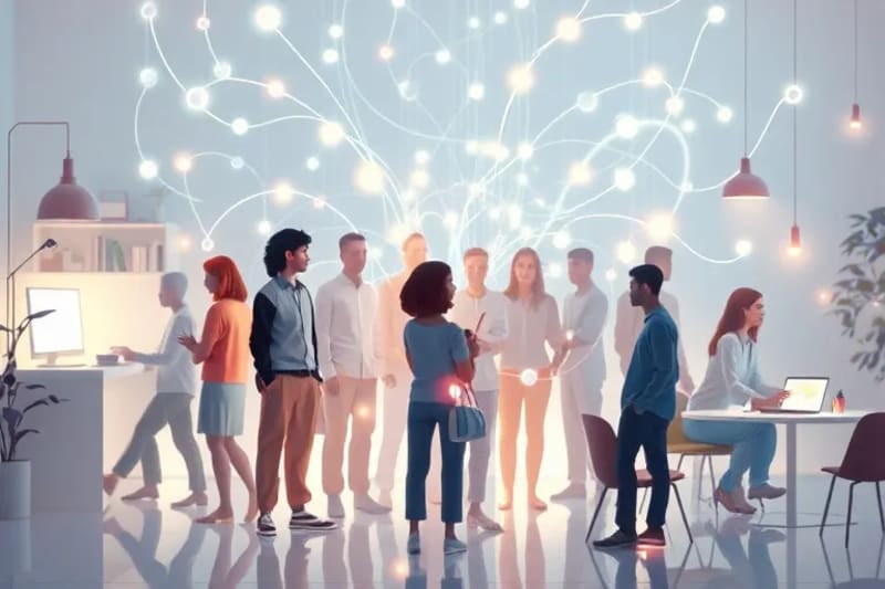 Diverse team members connected by supportive light, symbolizing mental well-being