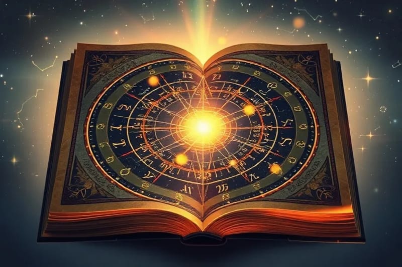 Libro antiguo con carta astral y símbolos de luz